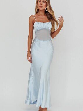 Selfie Leslie Nerida Sheer Waist Back Twist Maxi Dress Blue NWT Sz US 4